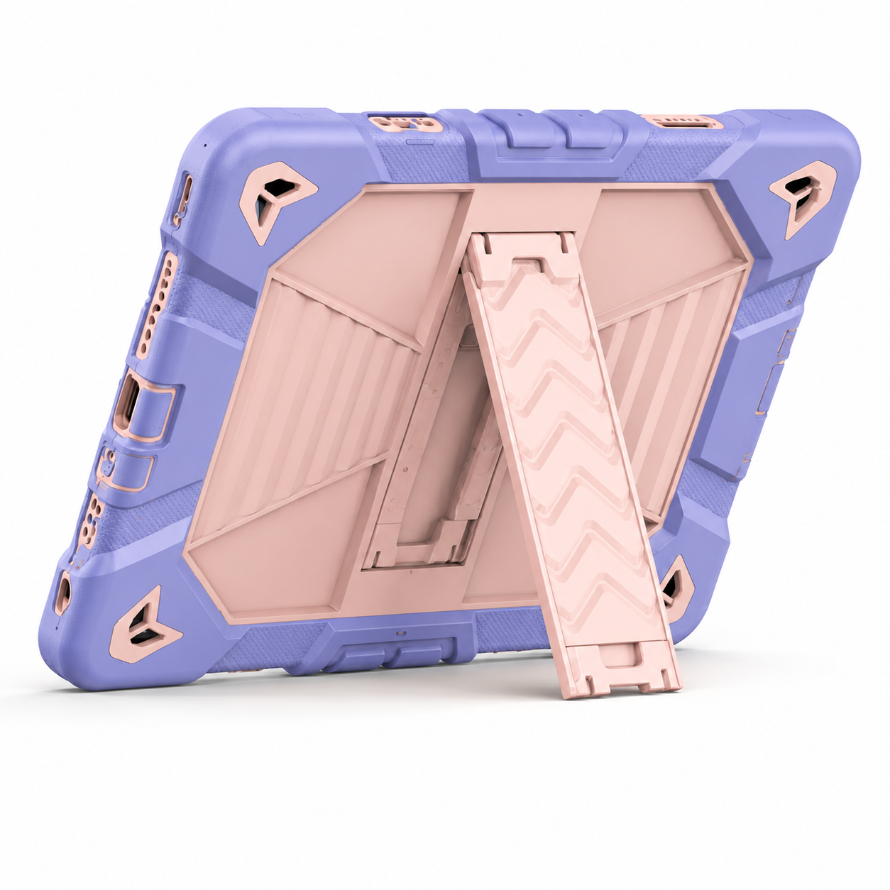 Purple and rose gold phone case with a stand feature on a white background