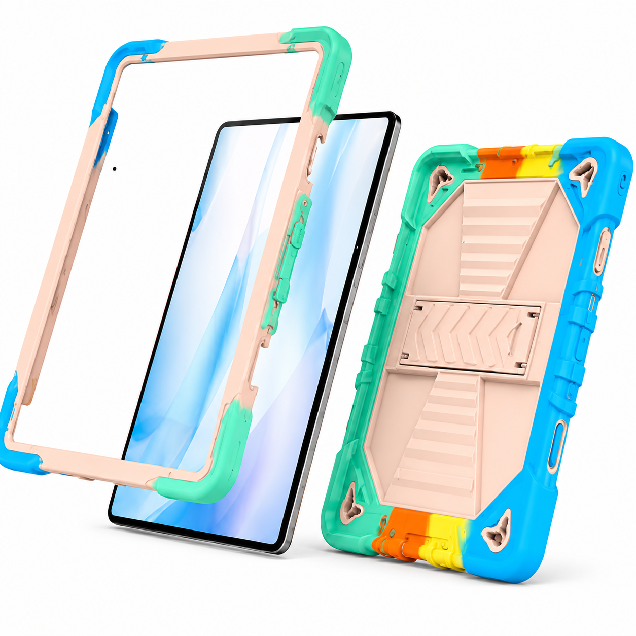 Colorful tablet case with screen protector on a white background
