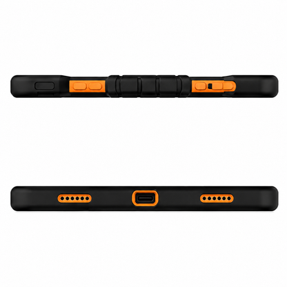 Black and orange device with ports and buttons on a white background