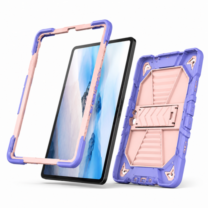 Purple and pink tablet case with screen protector on a white background