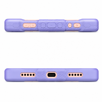 Purple phone case with rose gold accents on a white background