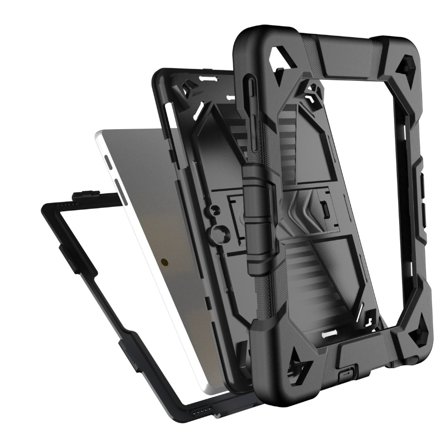 Black and gray rugged tablet case on a white background
