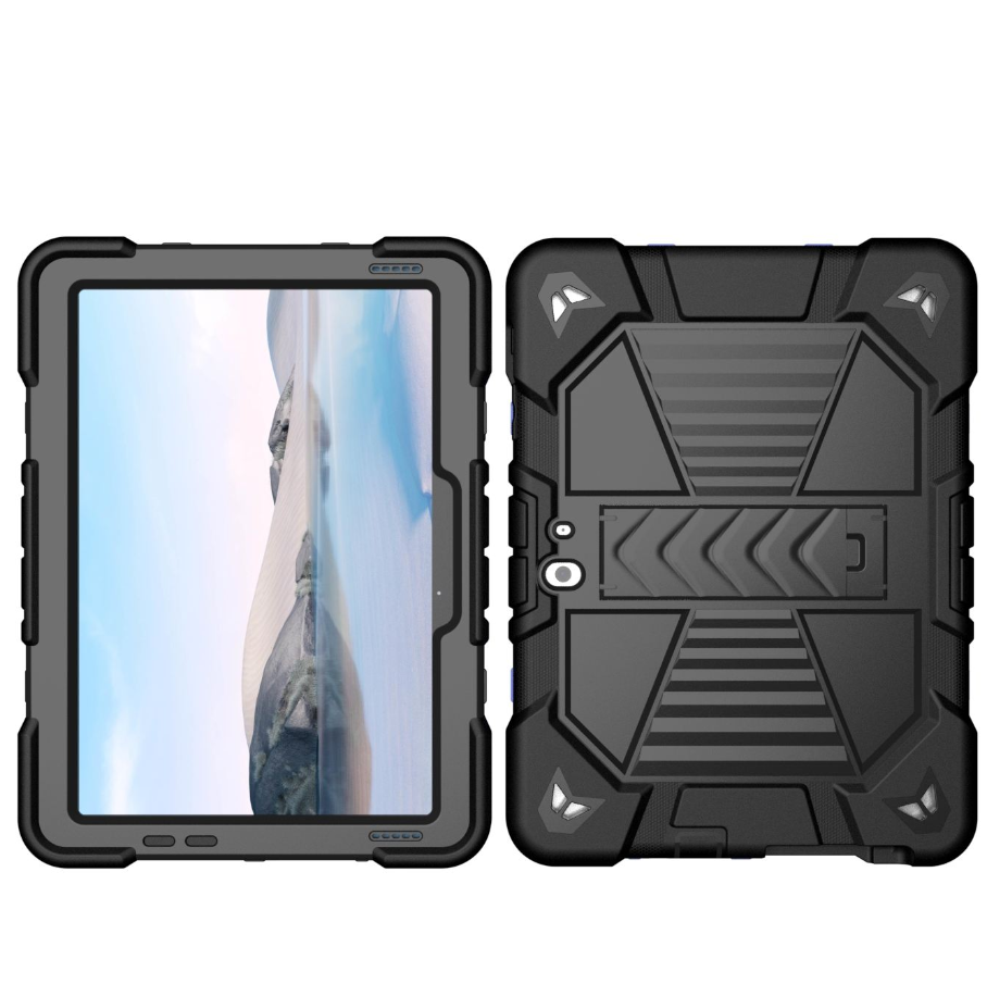 Black rugged tablet case with screen and back views on a white background