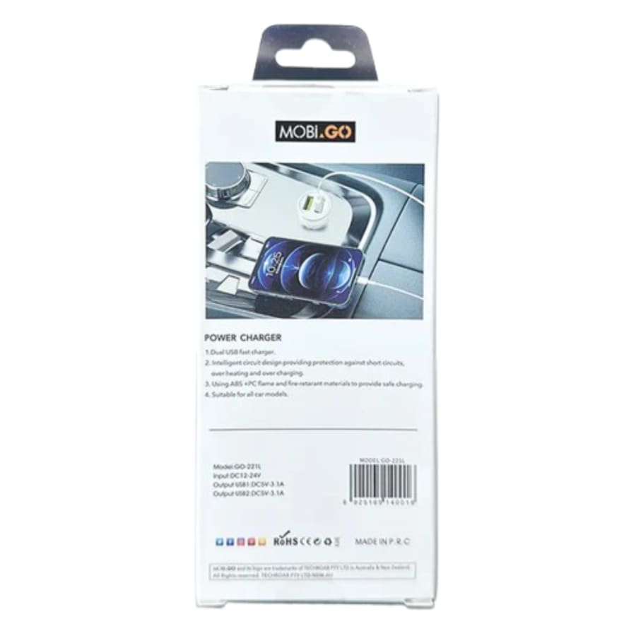 Mobigo 3.1A 2 USB car charger with USB-A to Lightning combo GO221L