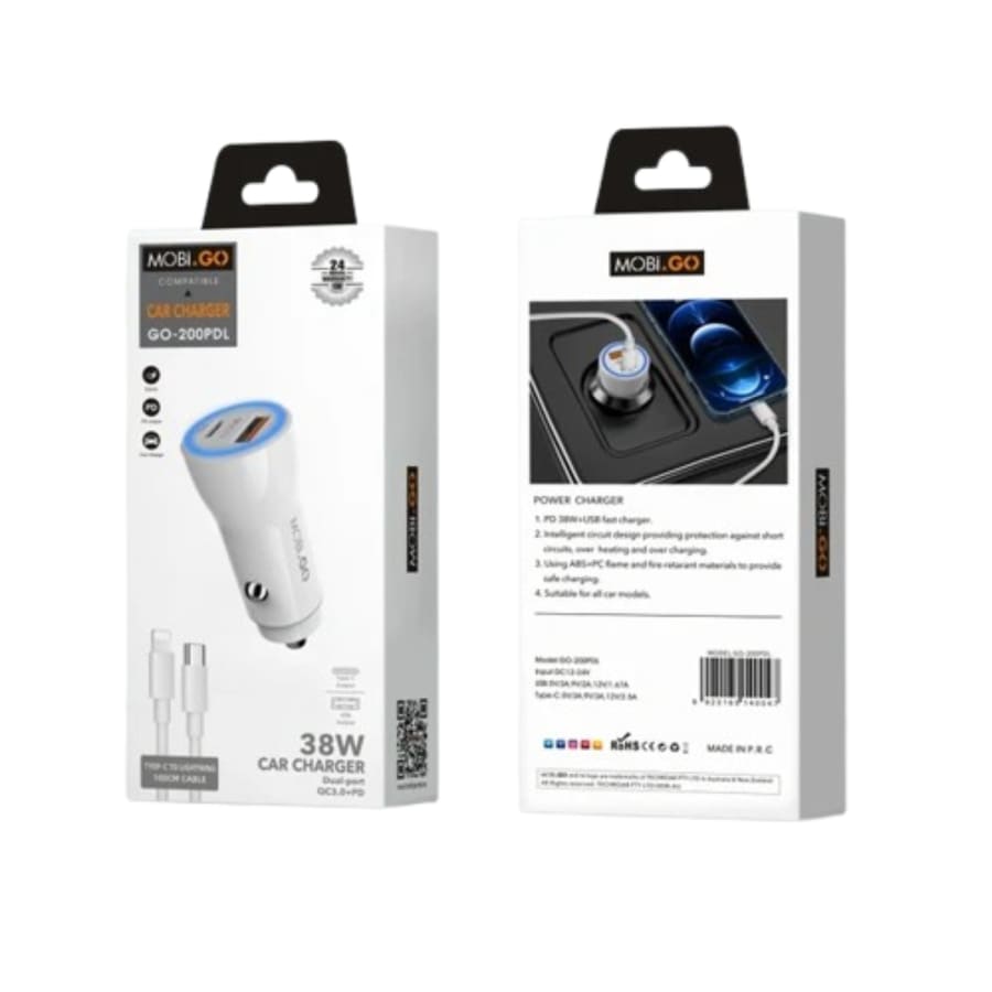 Mobigo 38W 2 UAB car charger with Type-C to Lightning combo GO200PDL