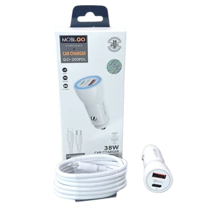 Mobigo 38W 2 UAB car charger with Type-C to Lightning combo GO200PDL