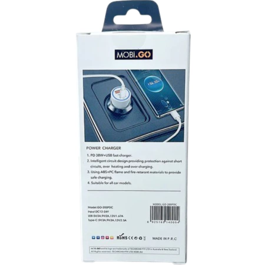 Mobigo 38W USB A+C car charger with Type-C to C combo GO200PDC