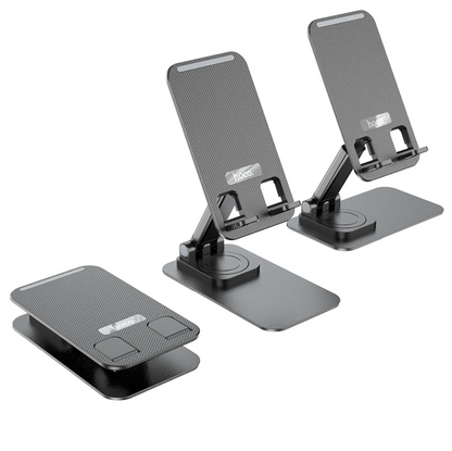 Three black adjustable phone stands on a white background