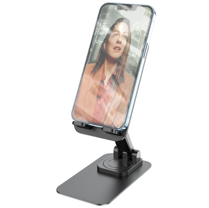 A black adjustable smartphone stand holding a phone with a portrait photo on its screen, shown on a clean white background.