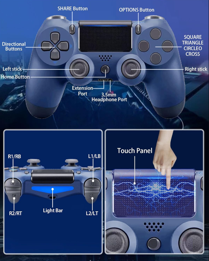 Navy Blue Wireless PS4 Controller Side View for PlayStation 4 and PC