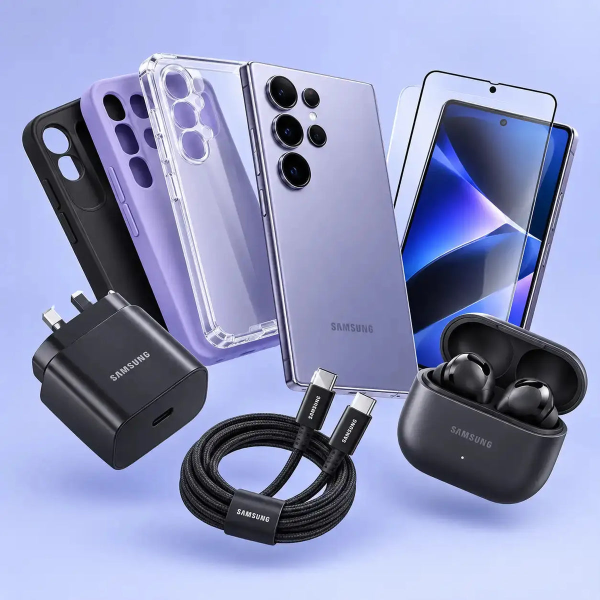 Samsung smartphone accessories arranged on a light blue background, including a lavender Samsung phone, black and clear phone cases, a black wall charger, a black USB-C cable, and an open black Samsung wireless earbud charging case with earbuds inside.