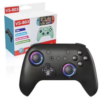 Black gaming controller with colorful buttons in front of its packaging on a white background