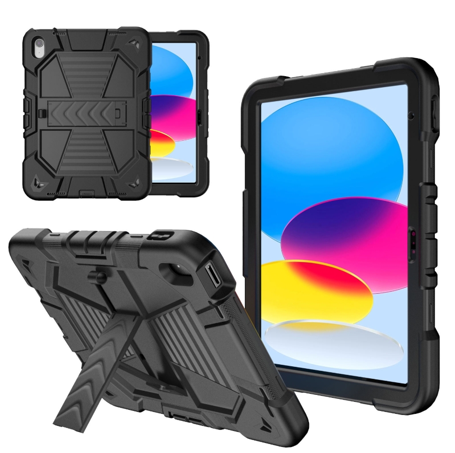 Black tablet case with stand feature on a white background