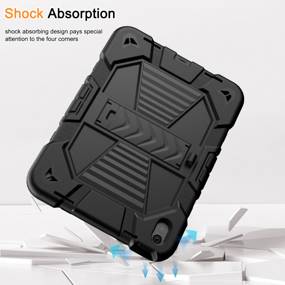 Black shock-absorbing phone case with text on a white background
