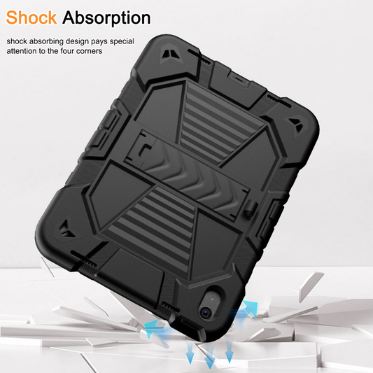Black shock-absorbing phone case with text on a white background