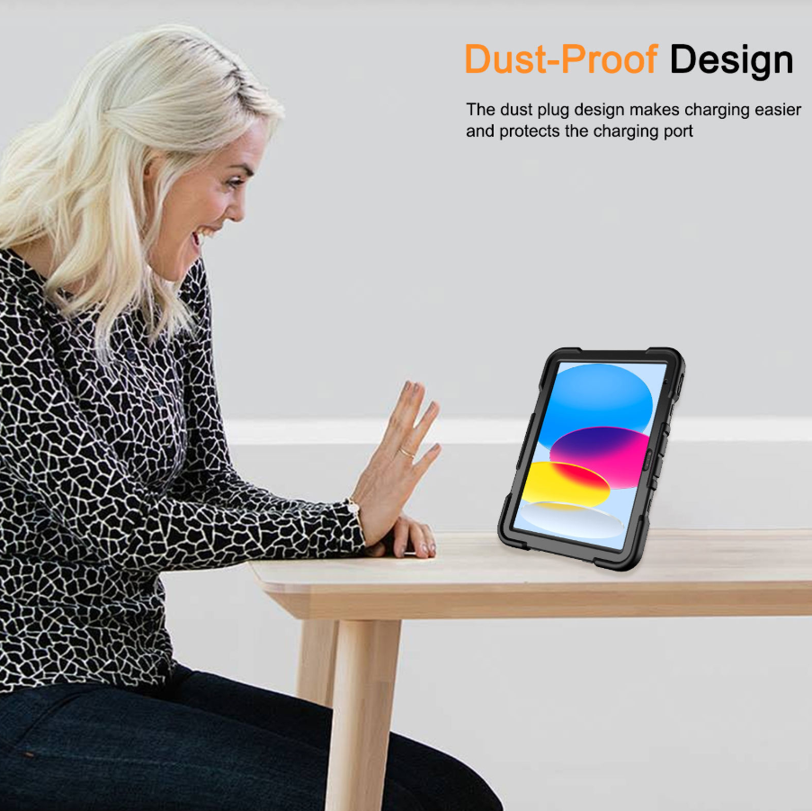 Woman using a tablet with a dust-proof design feature highlighted