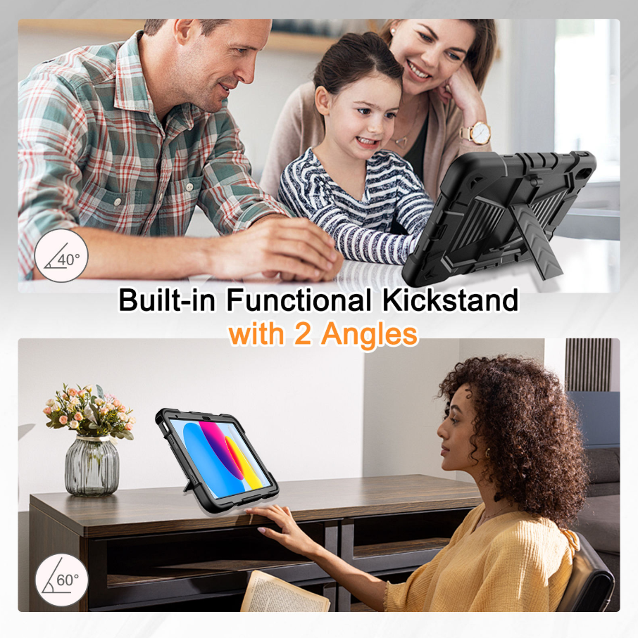 Tablet case with built-in functional kickstand being used by a family and a woman.