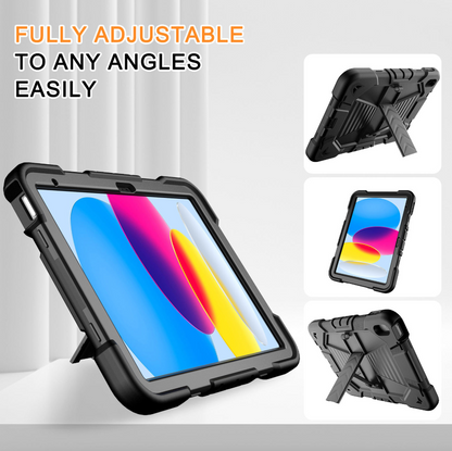 Black tablet case with adjustable stand feature on a white background