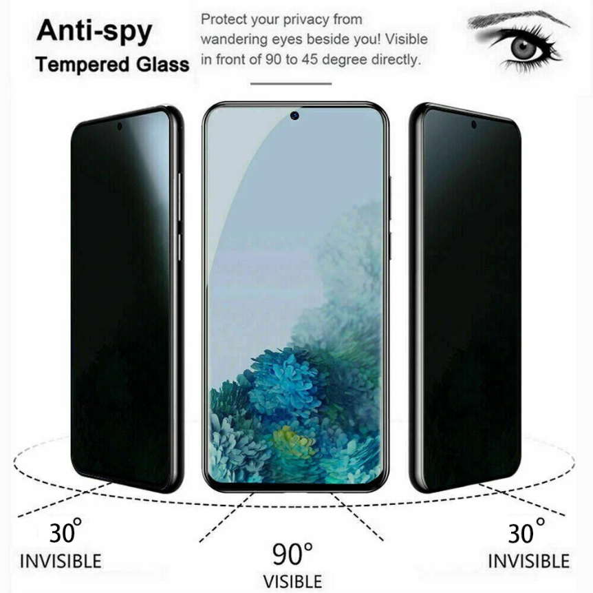 Anti-spy tempered glass product with smartphone display and angles shown.