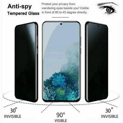 Anti-spy tempered glass product with smartphone display and angles shown.