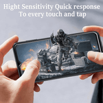 Hands holding a smartphone horizontally, showing a game scene on the screen with overlaid text reading 'High Sensitivity Quick response To every touch and tap.'.