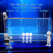 A smartphone shown from the side with a transparent screen protector applied, surrounded by small white 3D cartoon figures and overlaid marketing text on a glowing blue digital background.