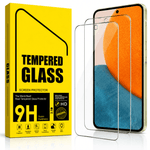 Two clear tempered glass screen protectors shown in front of a smartphone, alongside a bright yellow retail box labeled 'Tempered Glass Screen Protector' and '9H Super Hardness'.