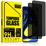 A 2-pack of tempered glass screen protectors shown with their bright yellow retail box and two black-tinted protector sheets over a smartphone on a clean white background.