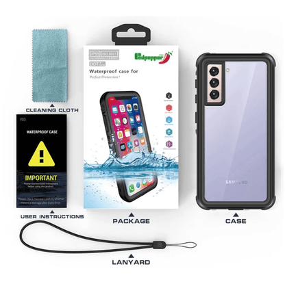 Samsung Galaxy S21 FE Waterproof Case package with lanyard and cleaning cloth