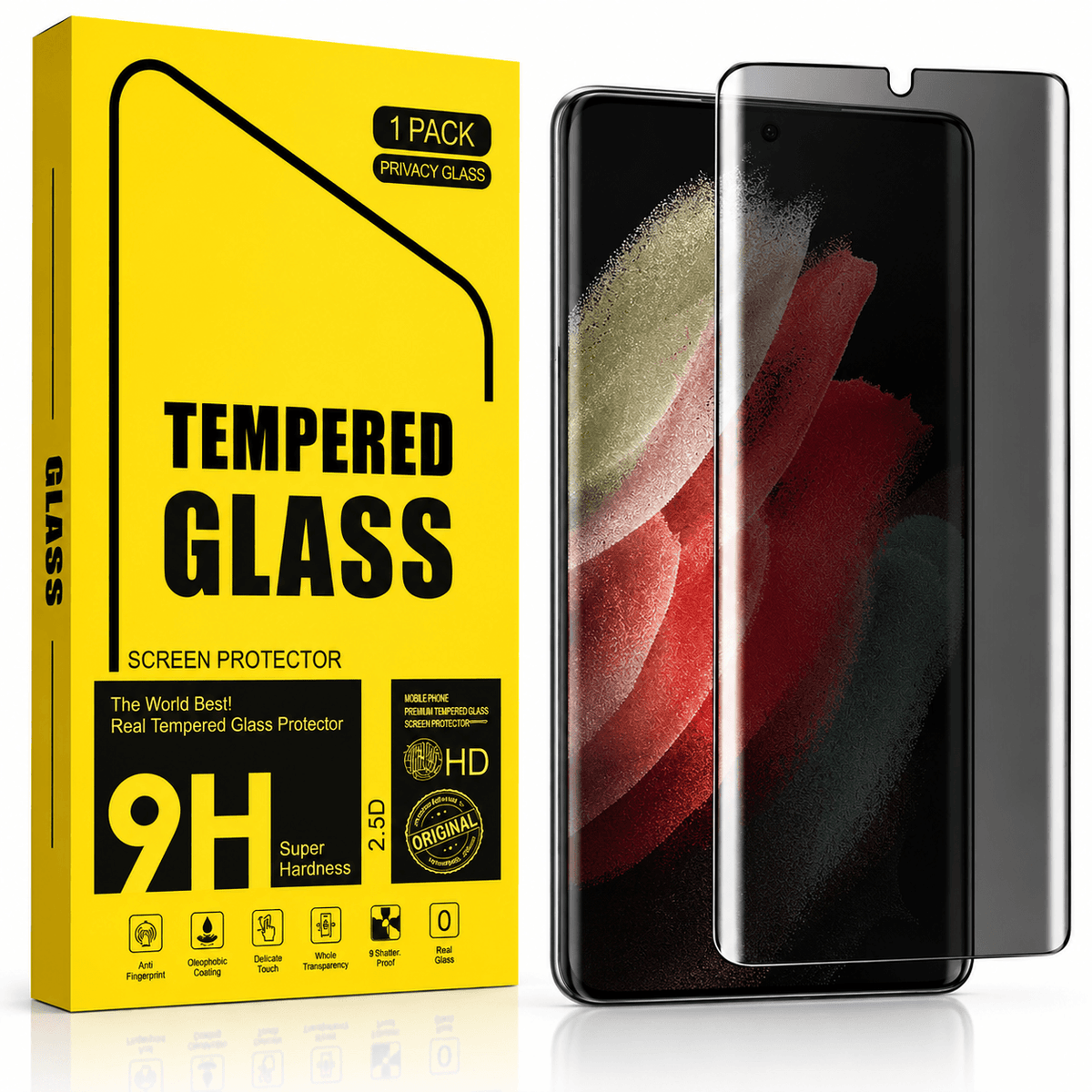 A pack of tempered glass screen protectors shown with their bright yellow retail box and two smartphone mockups on a clean white background.