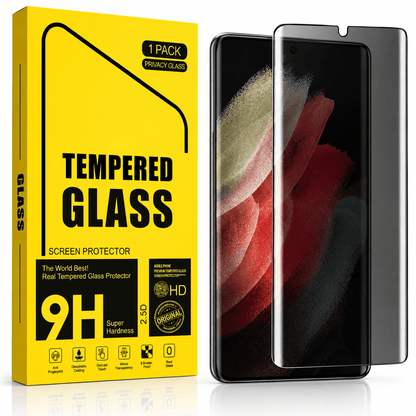 A pack of tempered glass screen protectors shown with their bright yellow retail box and two smartphone mockups on a clean white background.