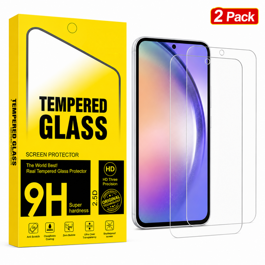 Two clear tempered glass screen protectors shown in front of a smartphone, alongside a bright yellow retail box labeled 'Tempered Glass' and a red '2 Pack' badge.