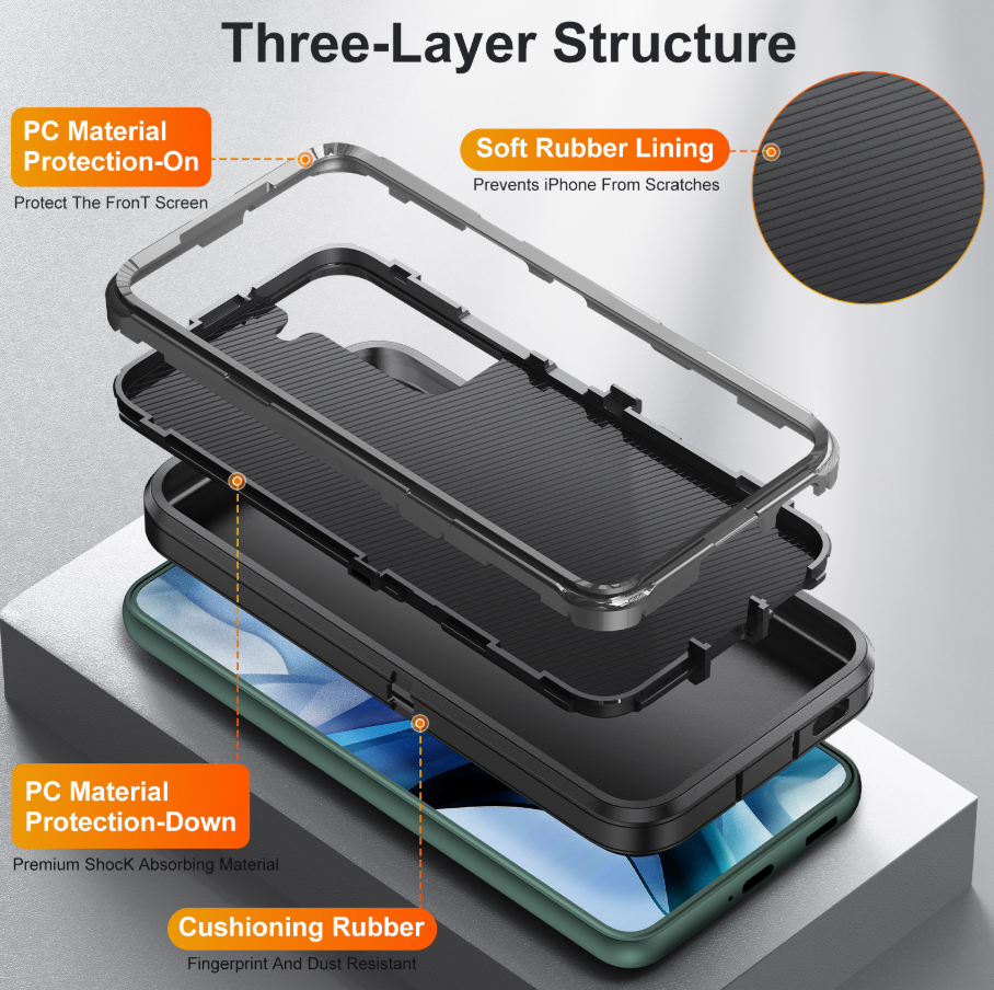 Three-layer protective phone case shown exploded to demonstrate its structure, with text callouts highlighting PC material protection, soft rubber lining, and cushioning rubber on a white background.