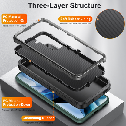 Three-layer protective phone case shown exploded to demonstrate its structure, with text callouts highlighting PC material protection, soft rubber lining, and cushioning rubber on a white background.