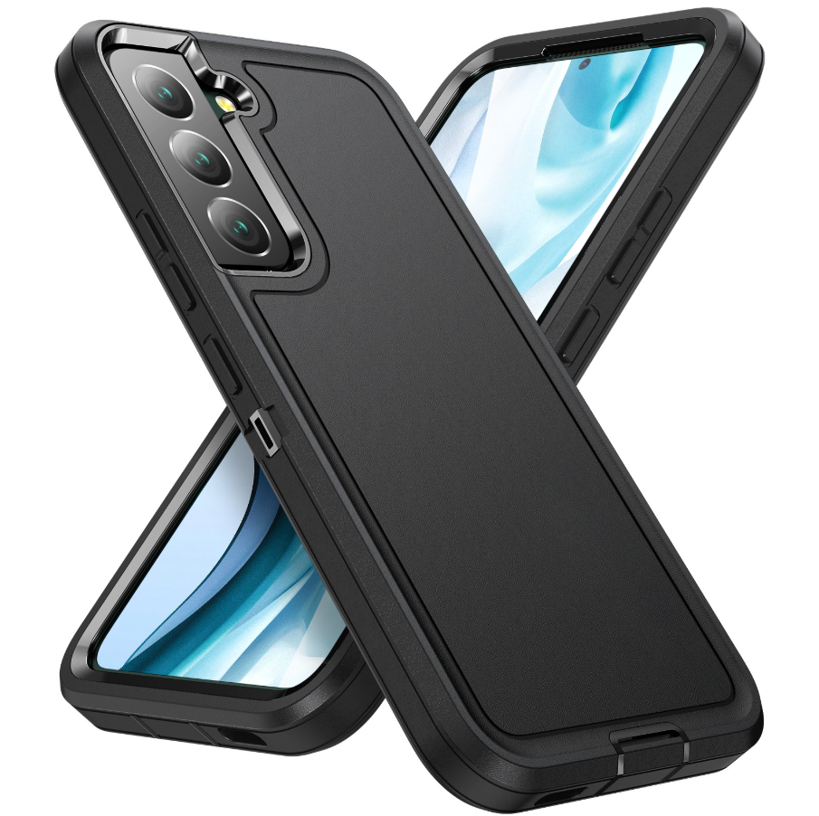 A black protective smartphone case shown from multiple angles over two phones, with the back view most prominent on a plain white background.