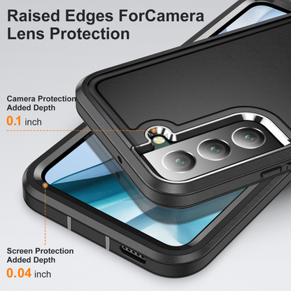 Black phone case with raised camera and screen edges, shown layered over a smartphone on a light gray background with text highlighting camera protection depth of 0.1 inch and screen protection depth of 0.
