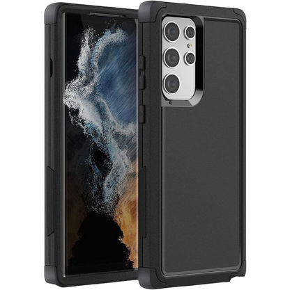 A black rugged protective phone case shown from the front and back on a white background. The phone inside displays a blue and white wave wallpaper.
