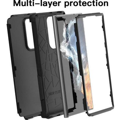 Three black protective phone cases shown on a white background with the text 'Multi-layer protection' at the top. The cases demonstrate a multi-layer design, including a back shell, a front bumper frame, and a screen protector with a blue-and-orange splash graphic.