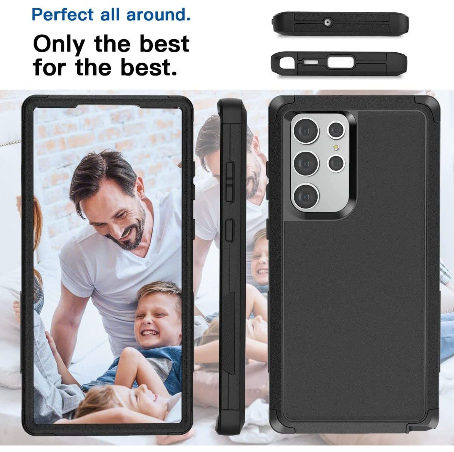 Black dual-layer protective phone case shown from multiple angles on a white background, with a phone screen mockup inside the front view and small front/back views above. Text at the top reads 'Perfect all around.
