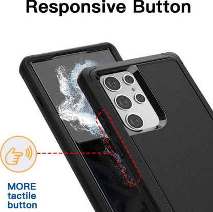 Black protective phone case shown on a smartphone, with text reading 'Responsive Button' and a callout indicating a more tactile button. The image is a clean product marketing graphic on a white background.