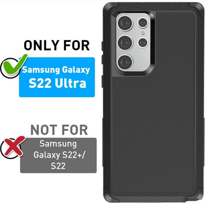 Black protective phone case for Samsung Galaxy S22 Ultra, shown on the back of a silver smartphone. The image includes text overlays indicating compatibility: 'ONLY FOR Samsung Galaxy S22 Ultra' with a green checkmark, and 'NOT FOR Samsung Galaxy S22+/ S22' with a red X.