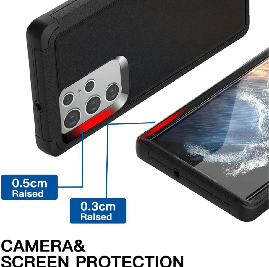 Black protective phone case shown from the back and side, with callout labels indicating raised camera area 0.5cm and screen area 0.