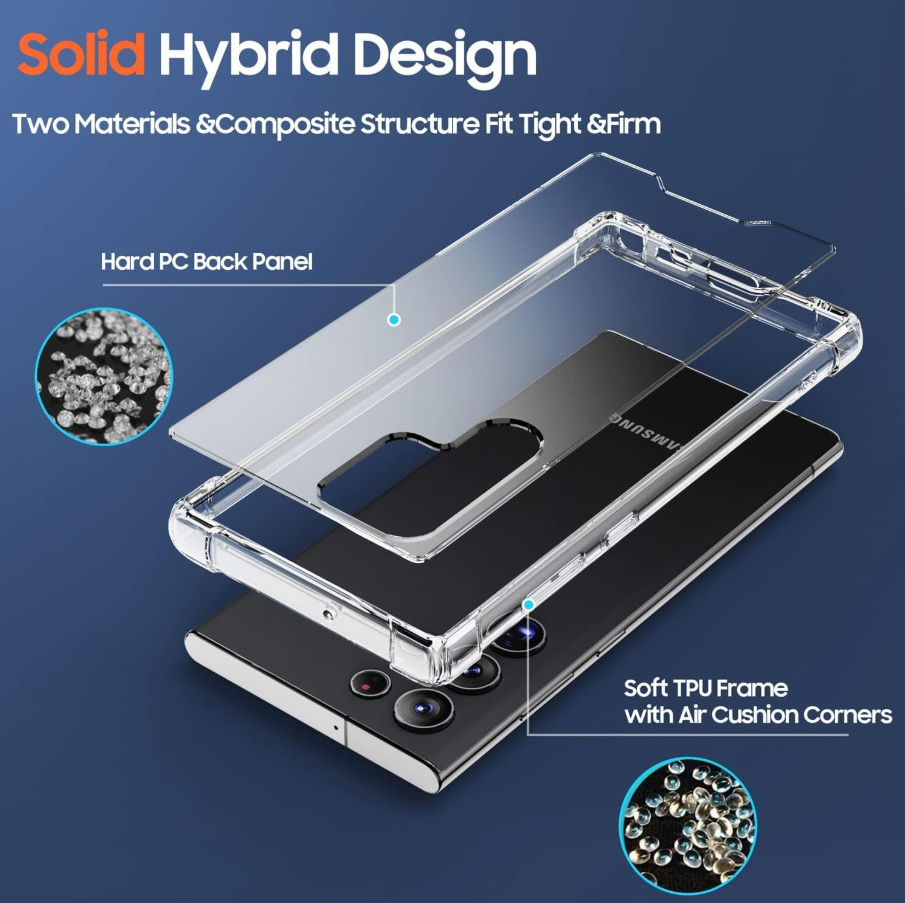 Phone case with hard PC back panel and soft TPU frame on a blue background