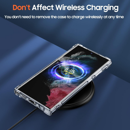 Smartphone with wireless charging case on a blue background with text about wireless charging.