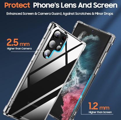 Phone case with screen and camera guard features on a blue background