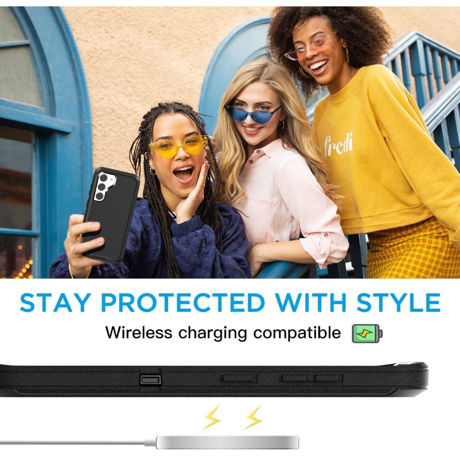Three women posing outdoors while wearing yellow sunglasses and a yellow sweatshirt, with a black phone case shown on the left and a black wireless charging dock at the bottom. Text reads 'STAY PROTECTED WITH STYLE' and 'Wireless charging compatible'.