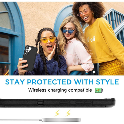 Three women posing outdoors while wearing yellow sunglasses and a yellow sweatshirt, with a black phone case shown on the left and a black wireless charging dock at the bottom. Text reads 'STAY PROTECTED WITH STYLE' and 'Wireless charging compatible'.