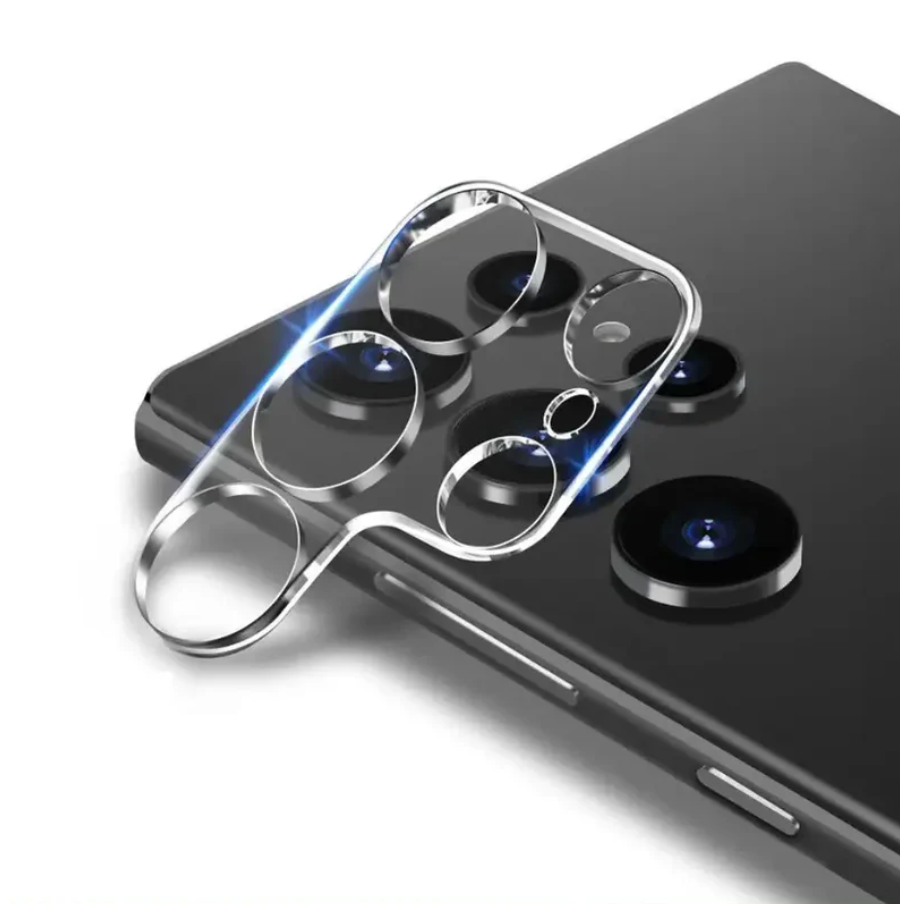 Smartphone with a transparent camera lens protector on a white background