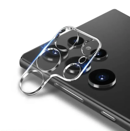 Smartphone with a transparent camera lens protector on a white background