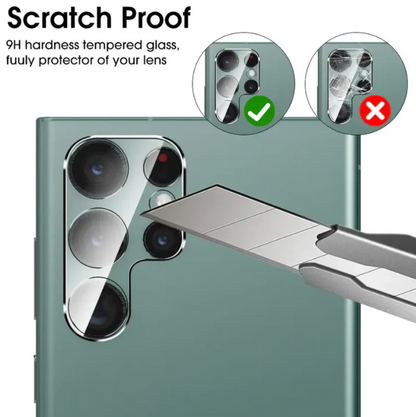Phone with camera lens protection feature and scratch proof glass illustration